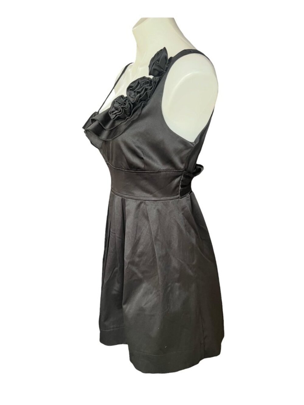 Charlotte Russe Dress Black Asymmetrical Size 7/8 Neckline Ruffles & Rosettes - Picture 2 of 8